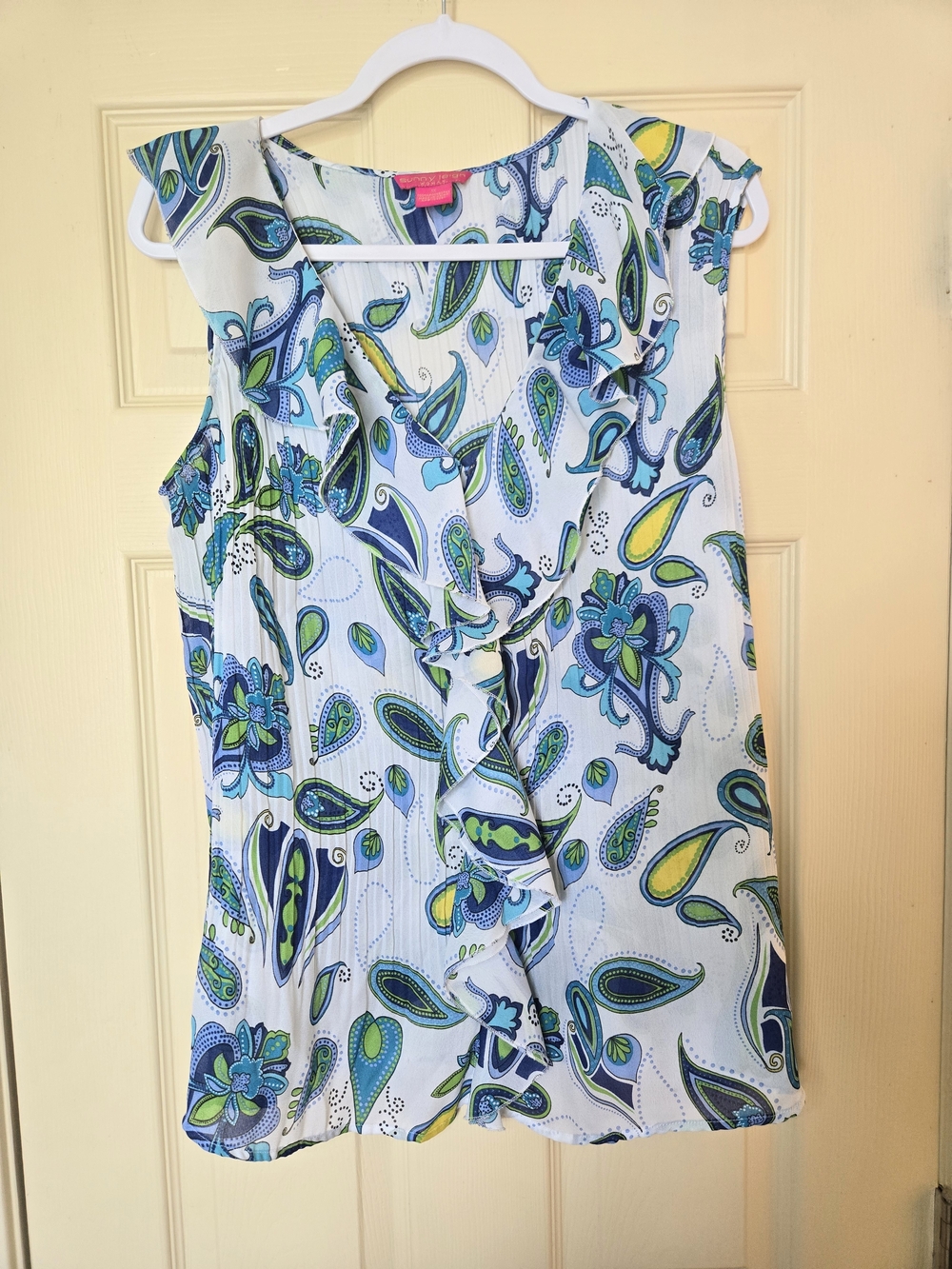 Sunny Leigh Blue, Green & Yellow Paisley Ruffle V-Neck Tank